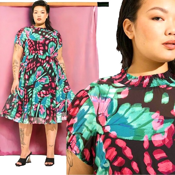 Torrid Butterfly Floral Print Midi Chiffon Mock Neck Skater Dress Size 1 1XL NWT - Picture 2 of 13